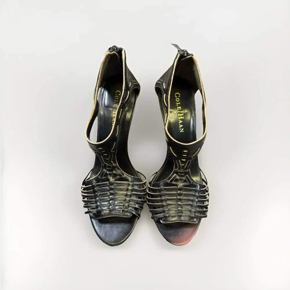Cole Haan Women’s Black Leather Open Toe Heels Size 6B - Ankle zip - Picture 2 of 7